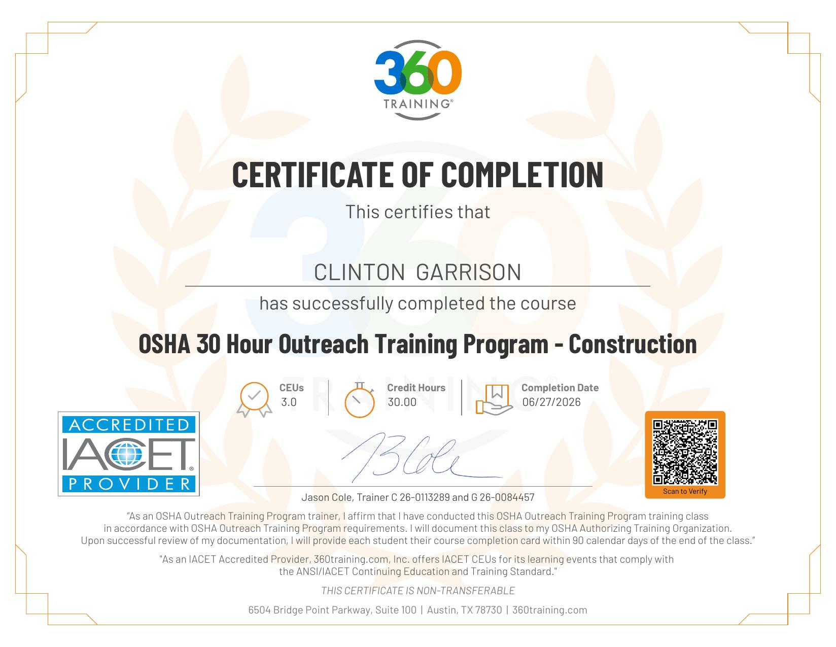 OSHA 30-Hour Construction Industry Certificate — Clinton Garrison, Ovilance Property Solutions